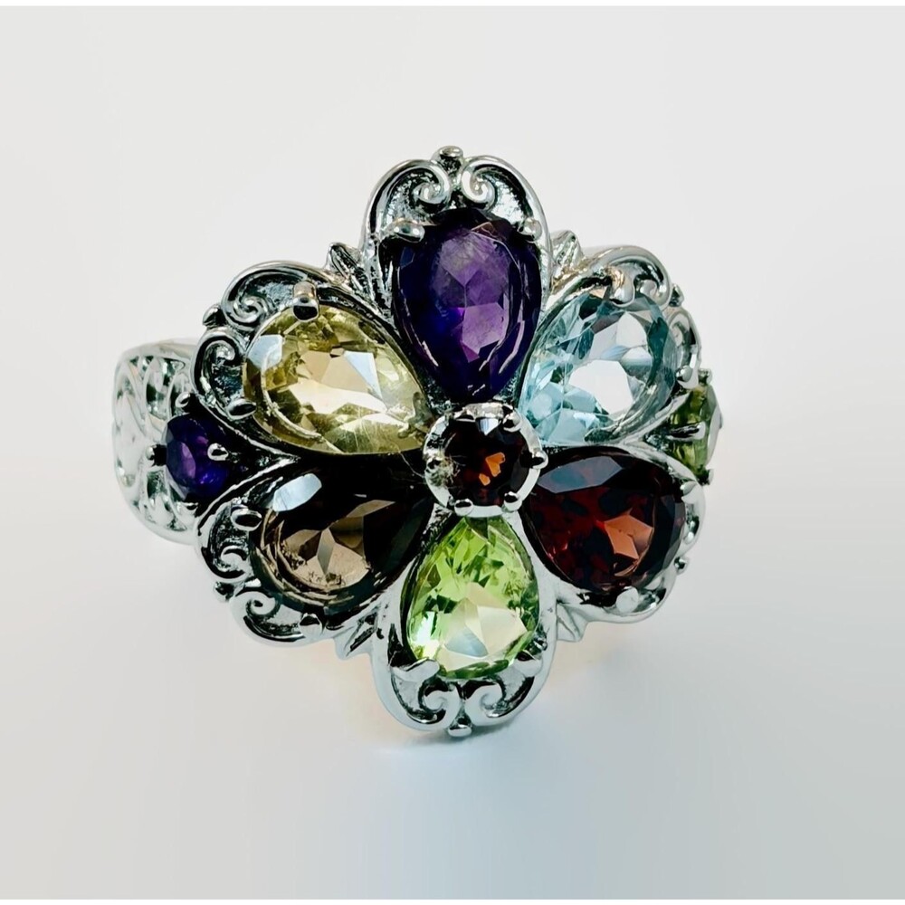 Vintage Ring, Cluster Flower Sterling Silver Amethyst Blue Topaz Peridot Citrine